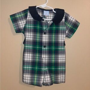 Bella Bliss Boys Size 9 Months Plaid Shortall Romper Green Navy